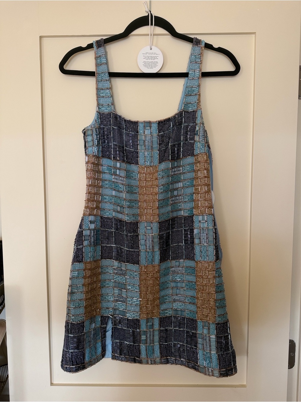 STAUD beaded dress Blue, Tan & Navy Checkered Textured Tank Dress